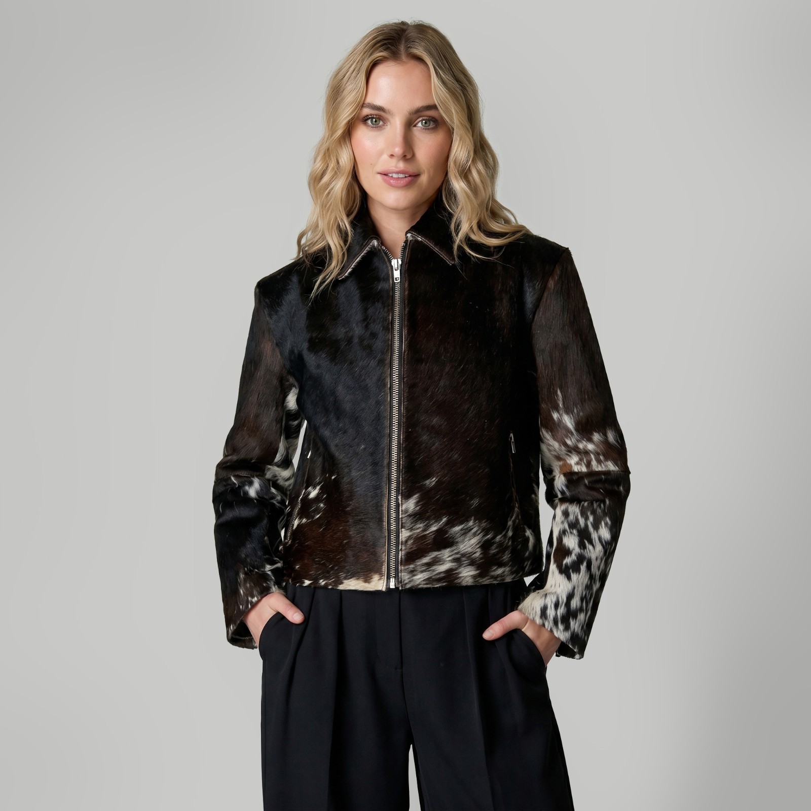 Genuine Cowhide Leather Jacket Womens Hair On Hide Fur Western Cow Print Short