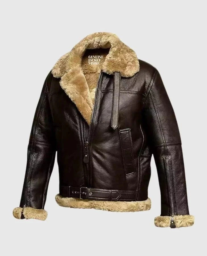 Men’s B3 RAF Shearling Real Leather Aviator Flying Bomber Jacket Brown