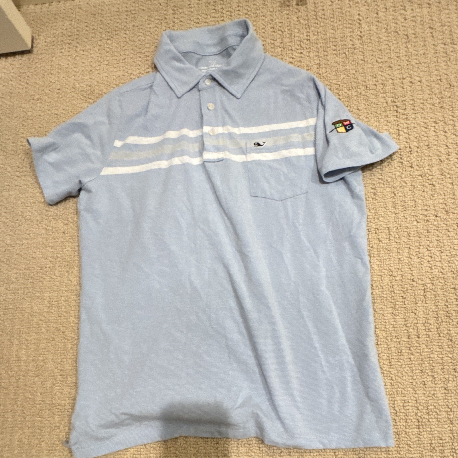 Kids Vineyard Vines Edgartown Polo Men’s L Blue/White Striped Pocket OWCC Logo