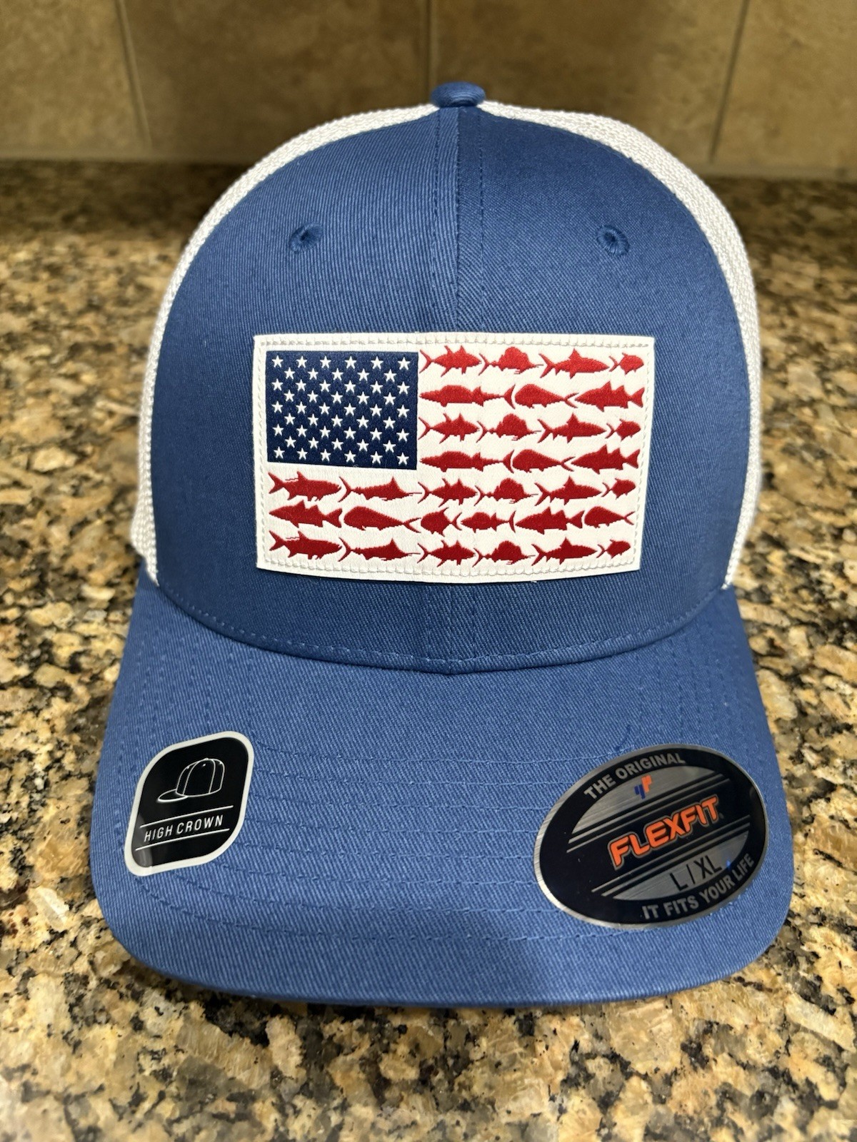 Columbia PFG Fish Flag FlextFit Mesh back Hat Color: Blue L/XL (New w/Tags)