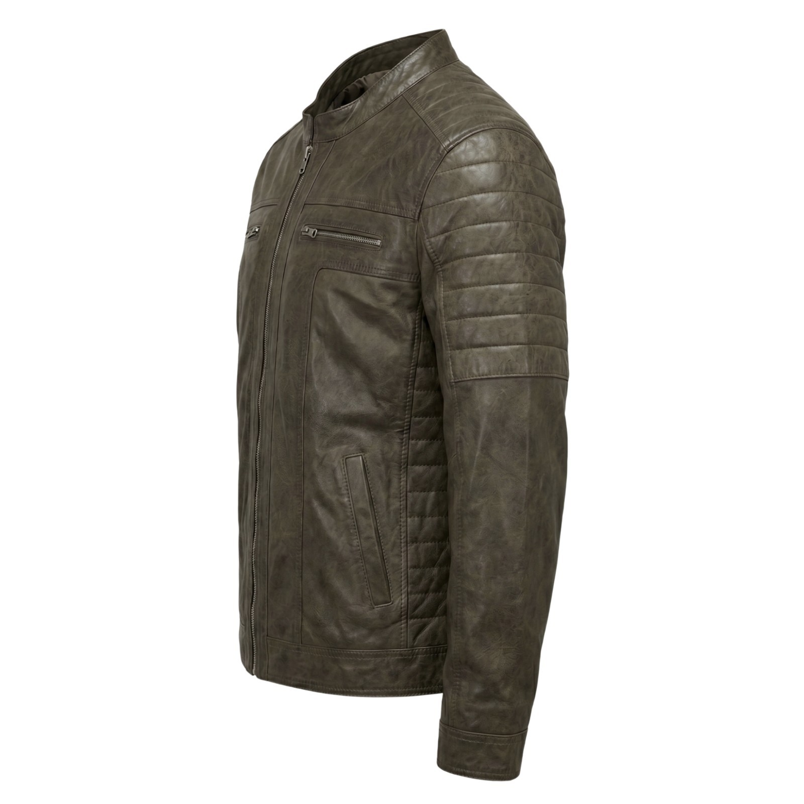 Men’s Distressed Brown Leather Jacket – Cafe Racer Style Quilted Biker Jacket