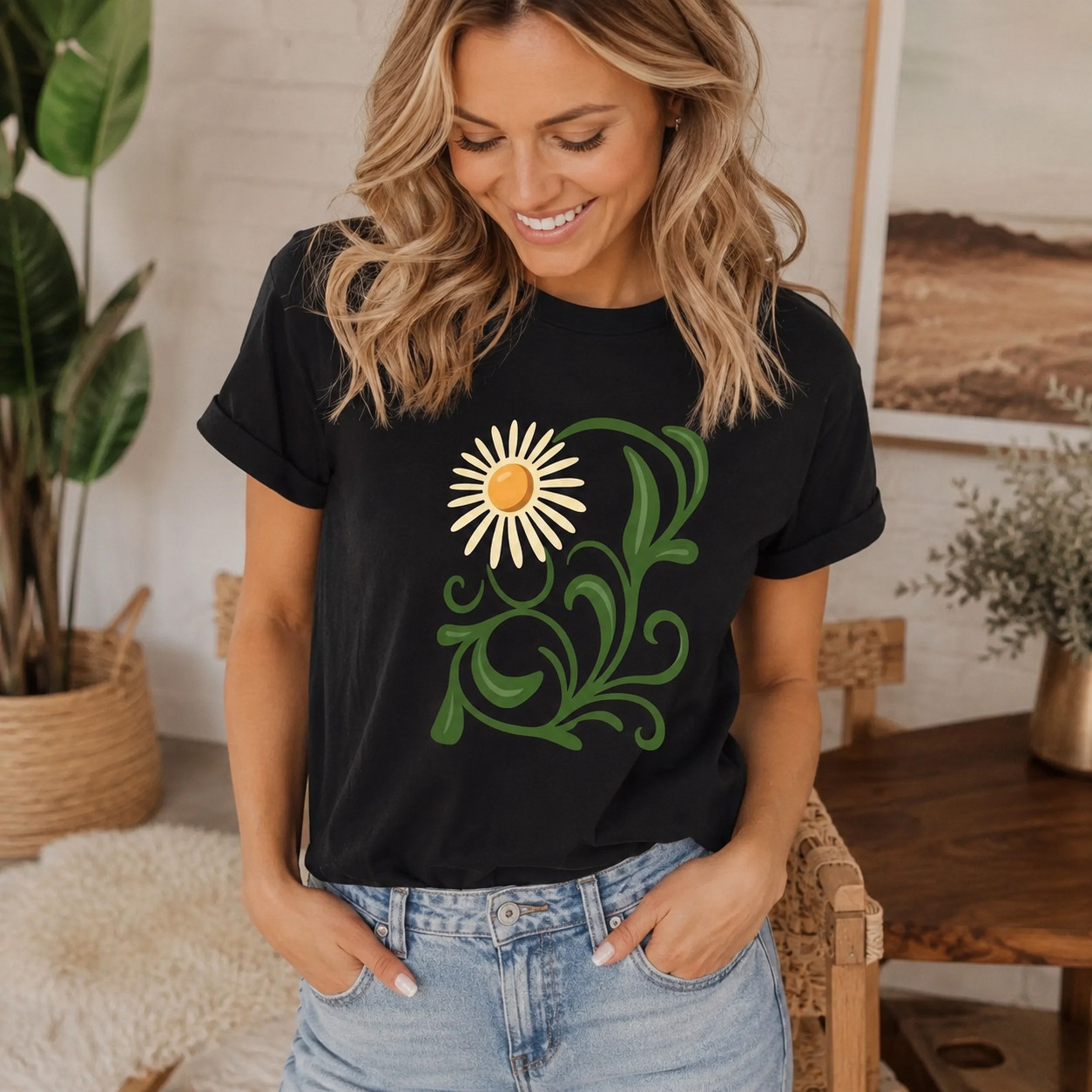 Women Daisy Floral Graphic T-Shirt Summer Flower Casual Crew Neck Tee Top