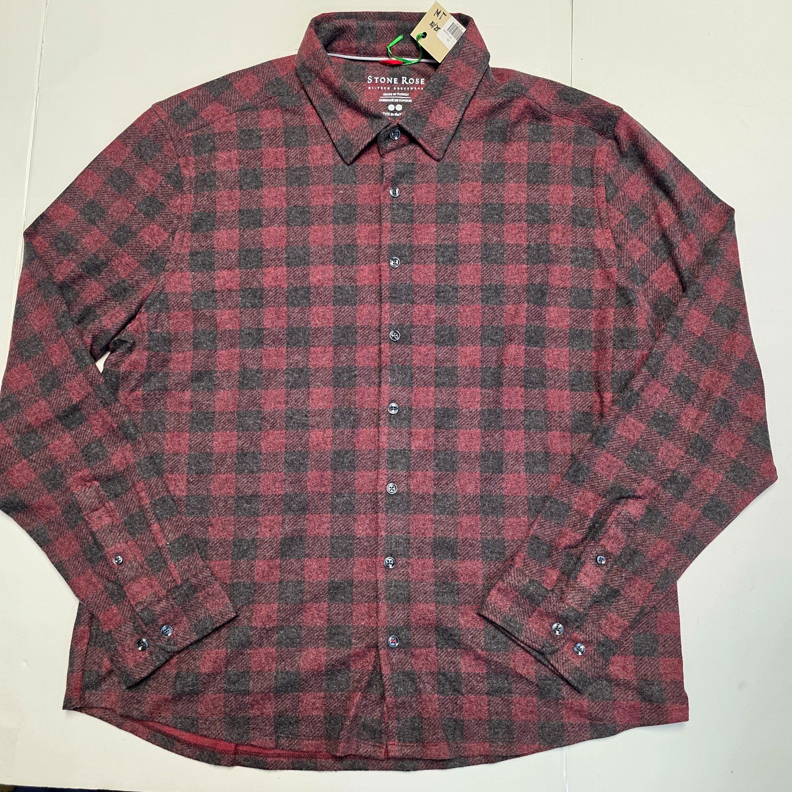 $165 NEW Stone Rose Button Shirt Men’s 2XL XXL Red Check KNIT Poly Viscose Blend