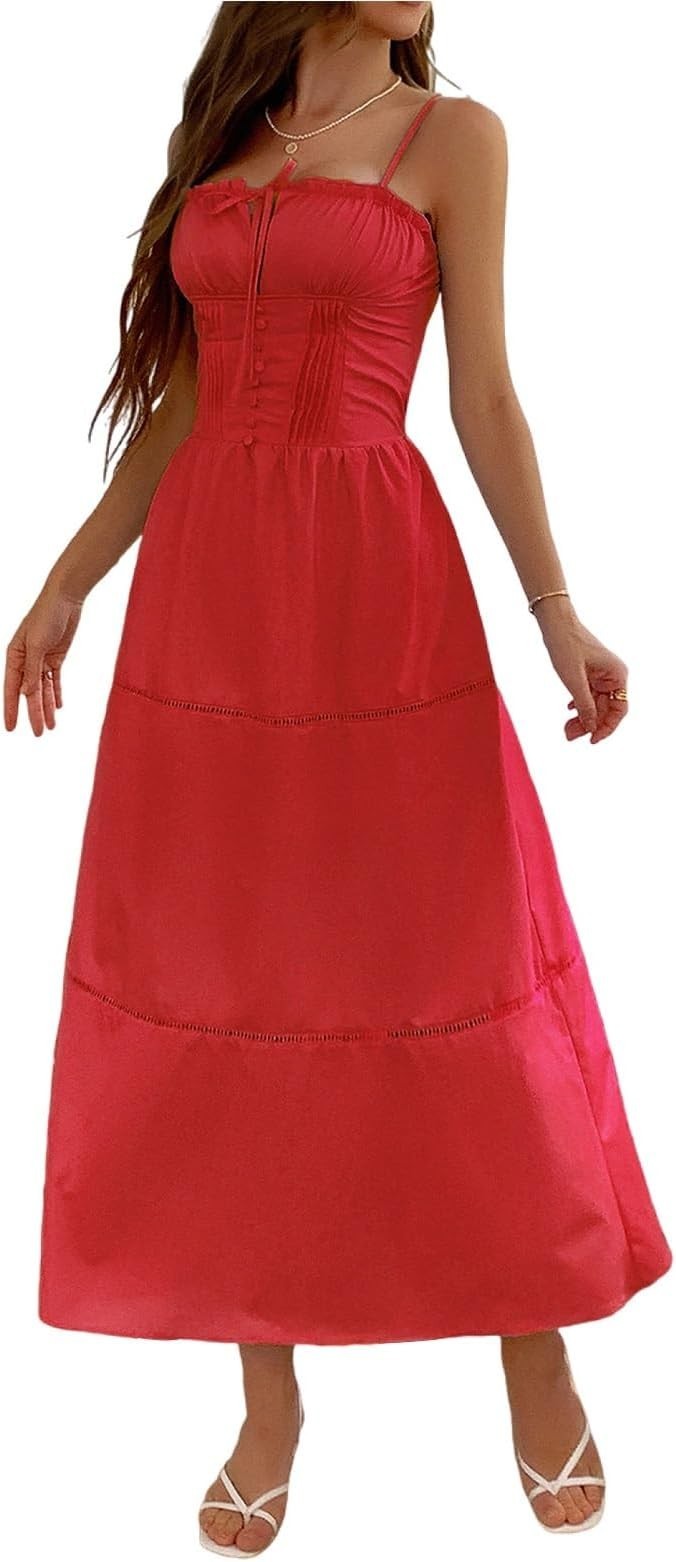 Midi Corset Dress Boho Flowy Slit Lace Up Dresses Casual Sundress Size M