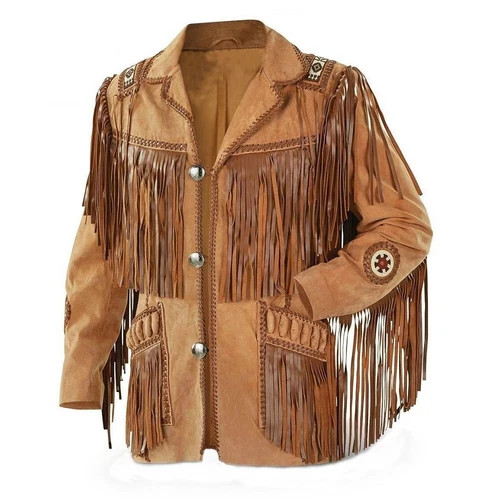 Men Western Cowboy Suede Fringe Jacket Beaded Native American Jacket Leather SL