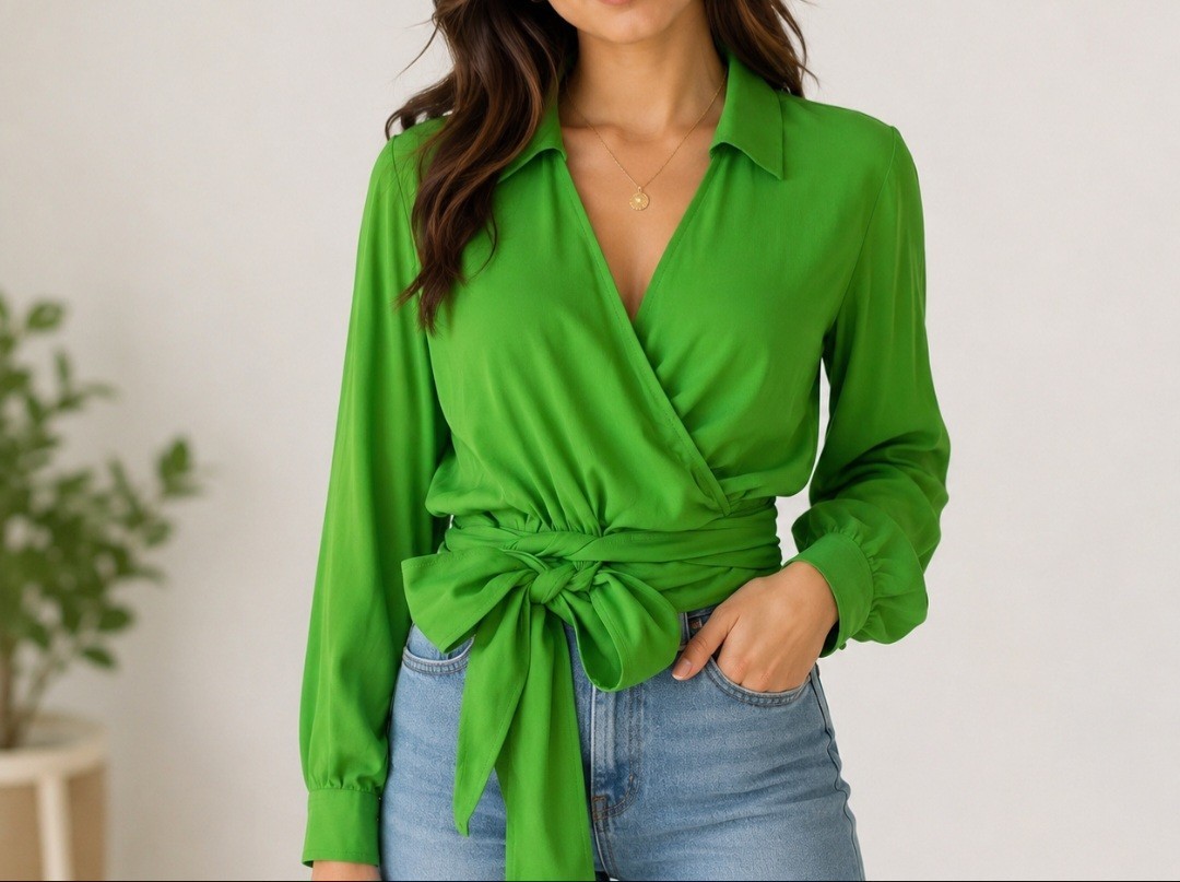 NWT & other stories green wrap collared blouse modern glam retro feminine bold