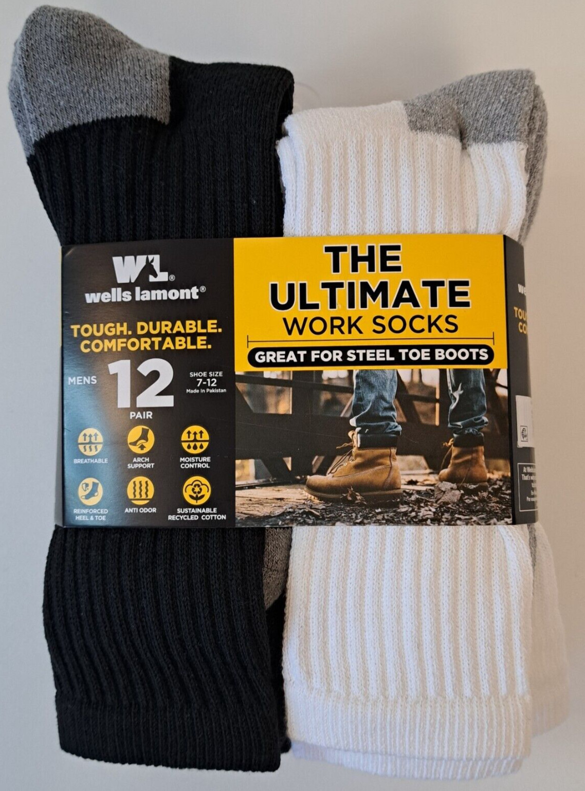 12 Black White Men’s Wells Lamont Work Socks Size 7-12 Great for Steel Toe Boots