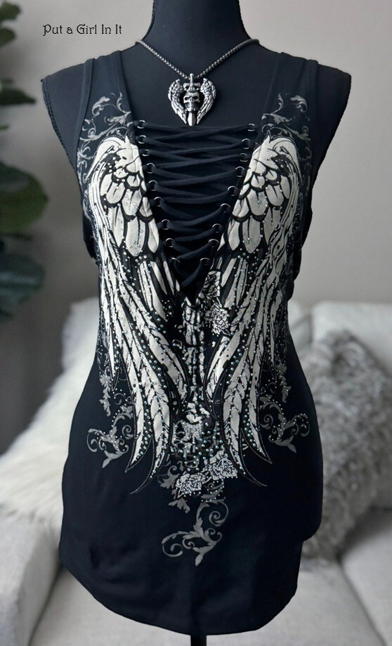 New Womens CRYSTAL BLACK WINGS LACE BIKER DEEP V TANK TOP S M L XL 1X 2X 3X Y2K