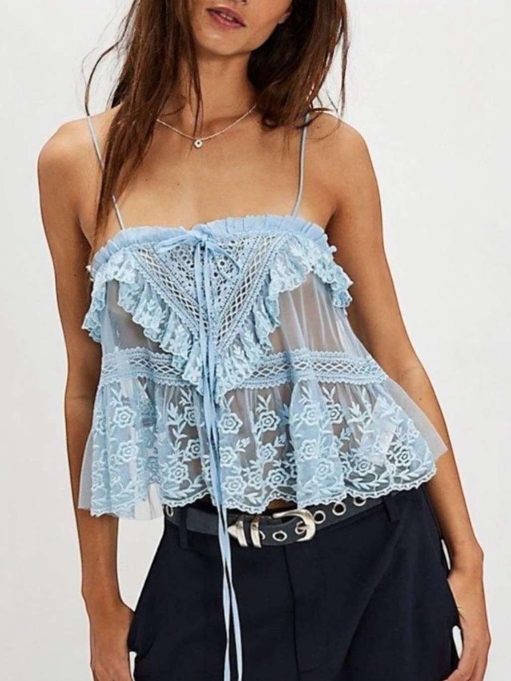 NWOT Free People Sofia Light Blue Lace Ruffle Top