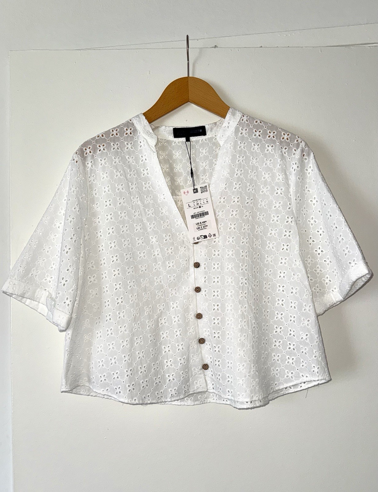 NWT Zara White Eyelet Embroidered Cotton Blouse Top Size L