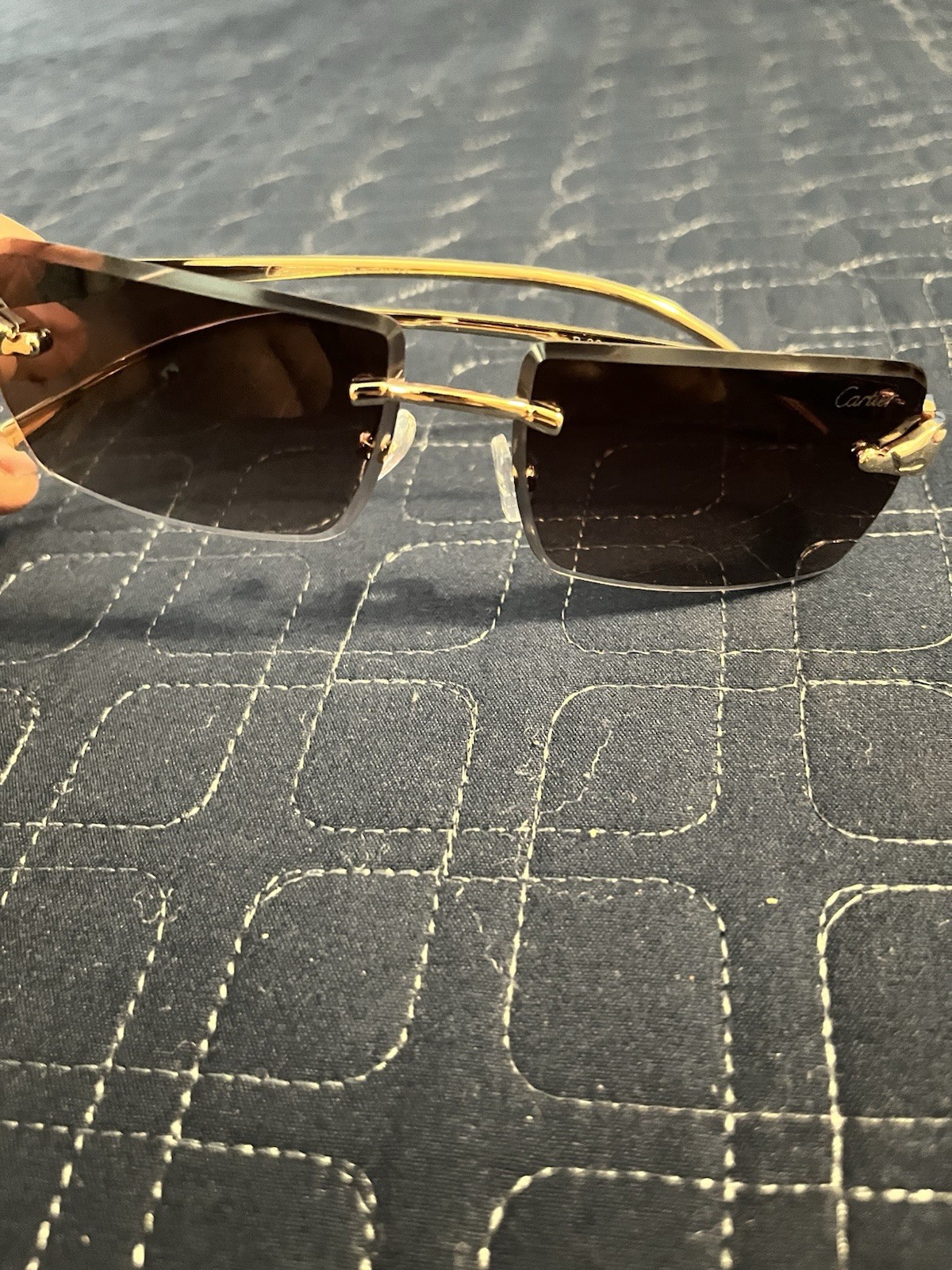 Cartier Rimless Sunglasses Gold Metal Frame Gray Tinted, Case Box