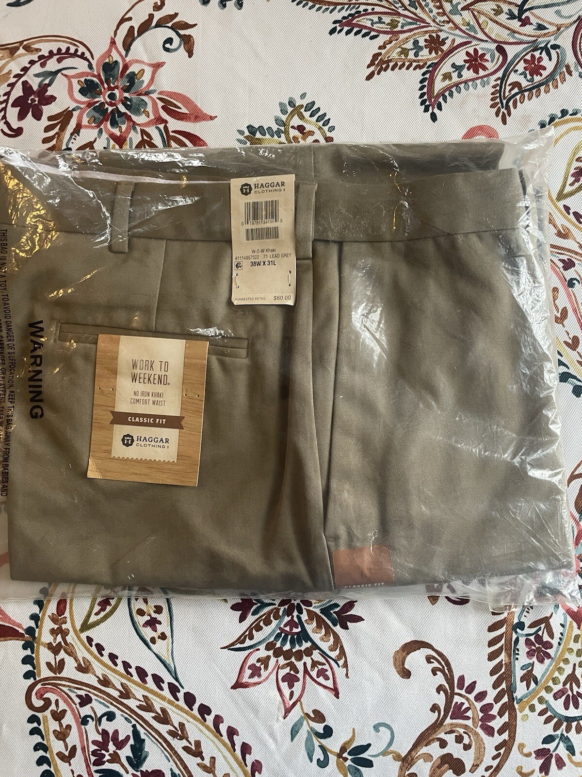 Haggar Work To Weekend Khaki Pants Men’s 38×31 Lead Grey No Iron Comfort Waist