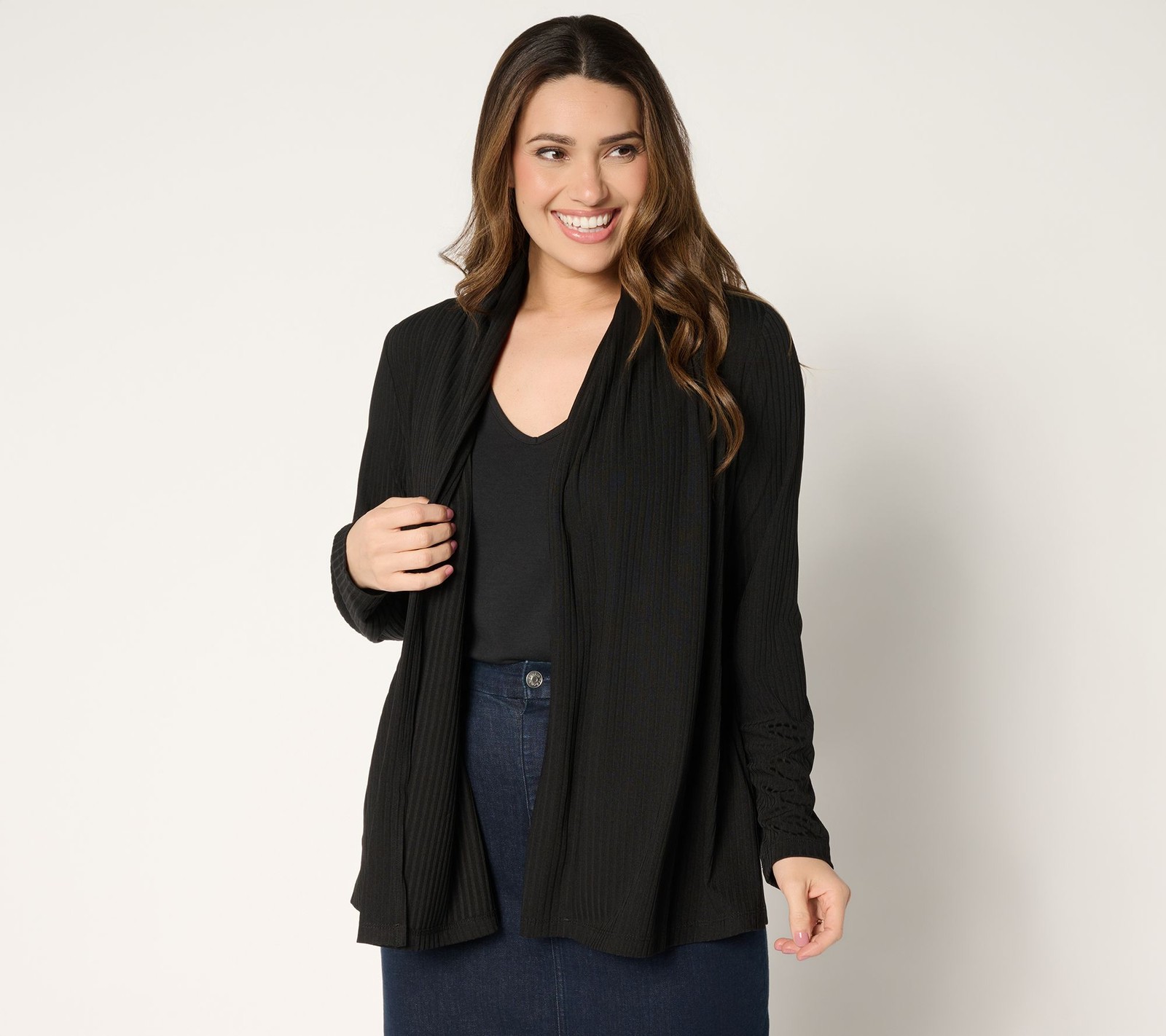 Susan Graver Regular Ribbed Liquid Knit Cardigan with Pockets Black L New