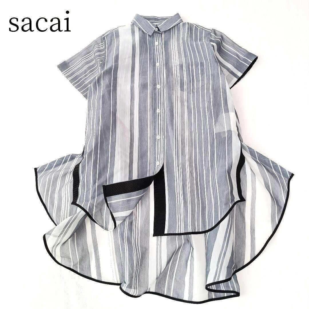 Sacai Sheer Striped Cotton Asymmetrical Short Sleeve Blouse Women S Auth