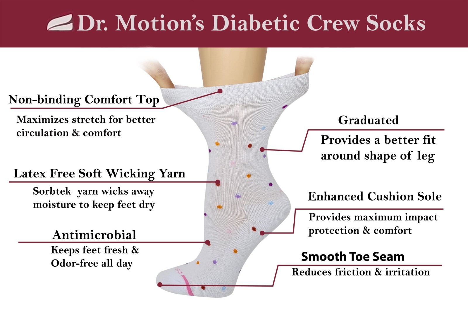 Women Comfort Non-Binding Half-Cushion Crew Diabetic Socks Dr Motion (2 pack)