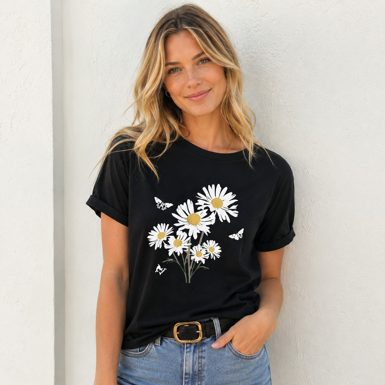 Women Daisy Floral Graphic T-Shirt Summer Flower Casual Crew Neck Tee Top