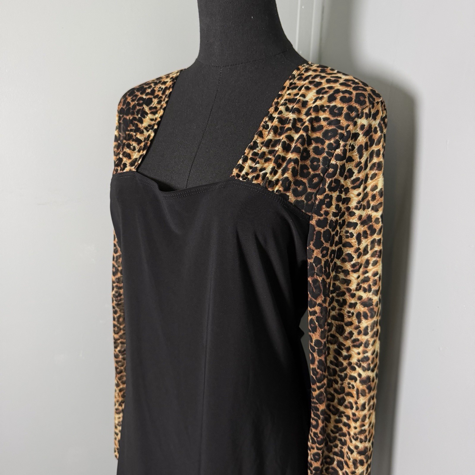 Vintage Suzie in the City Sheer Mesh Leopard Sleeve Blouse Shirt Sz L Mob Wife