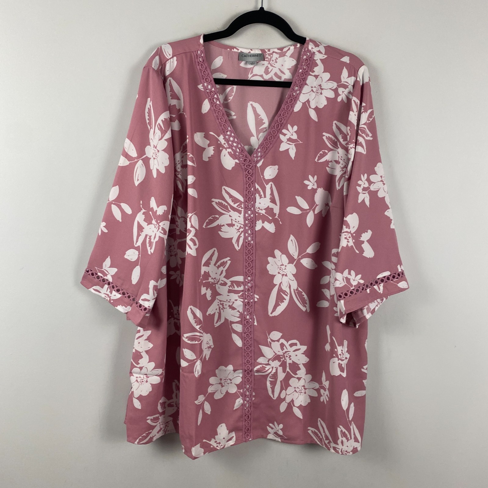 Catherines Crochet Trim V Neck Tunic Size 1X Dark Mauve Pink 3/4 Sleeves
