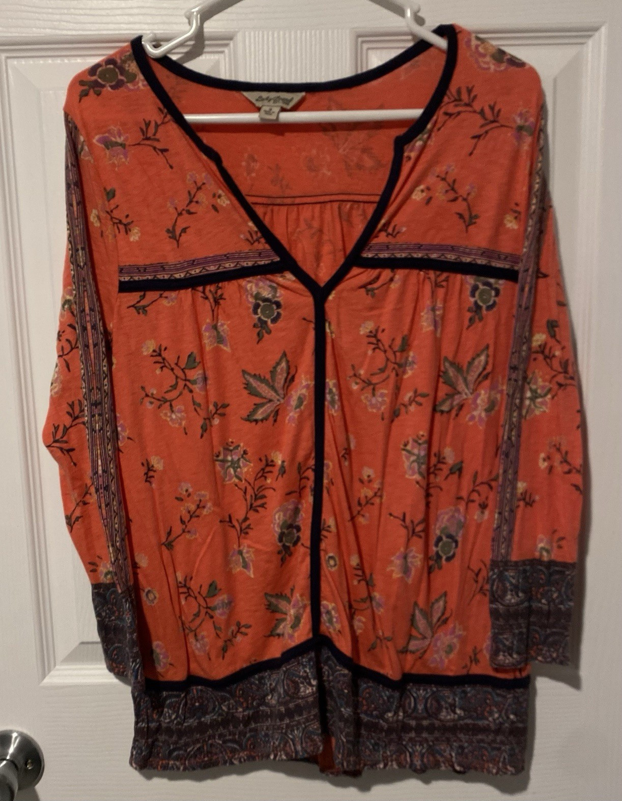 Lucky Brand Women’s S Orange/Blue Floral Cotton Knit V-Neck Tunic Blouse