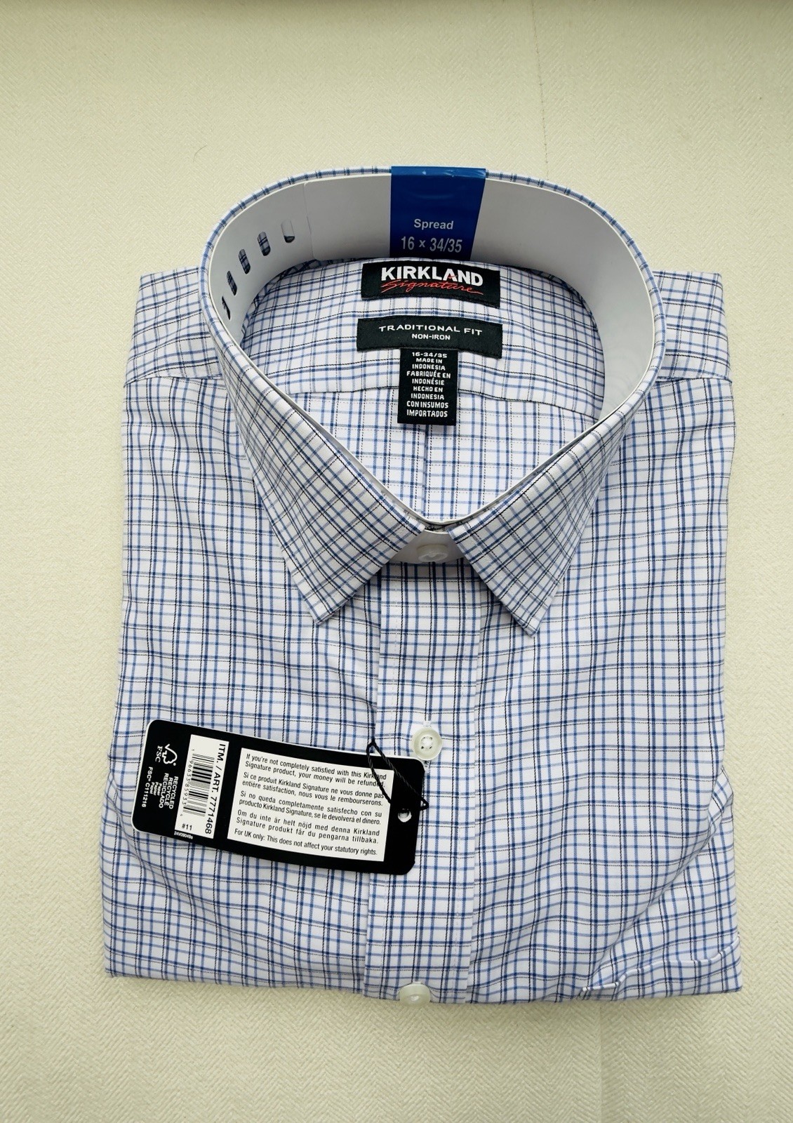 Kirkland Signature Non-Iron Traditional Fit Blue/White Check Spread 16 34/35