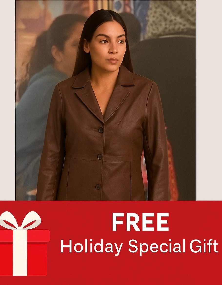 Women’s Brown Genuine Leather Coat Jacket – Classic Button Front – Holiday Speci