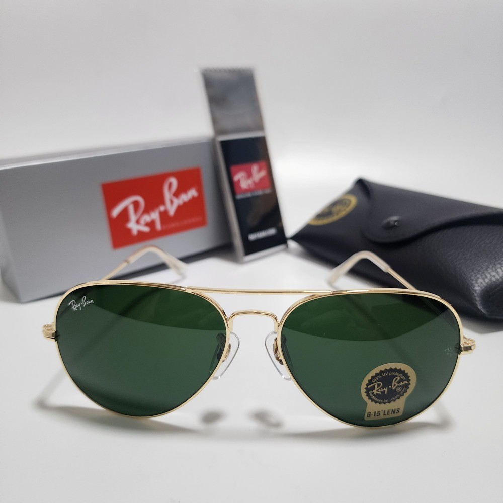 Ray-Ban RB3025 Aviator Sunglasses Gold Frame Green Glass Lens 58mm UV400