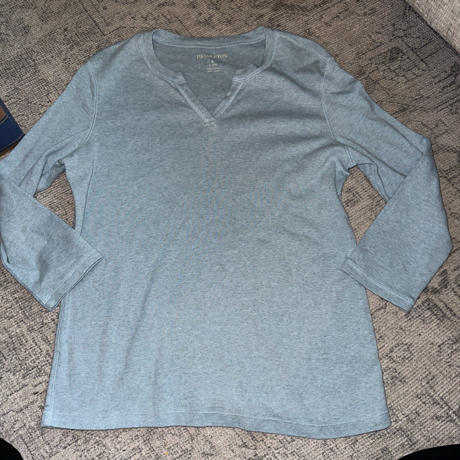 Pendleton Top Large Blue 3/4 Sleeve 100% Cottton V-Neck Comfort Womens