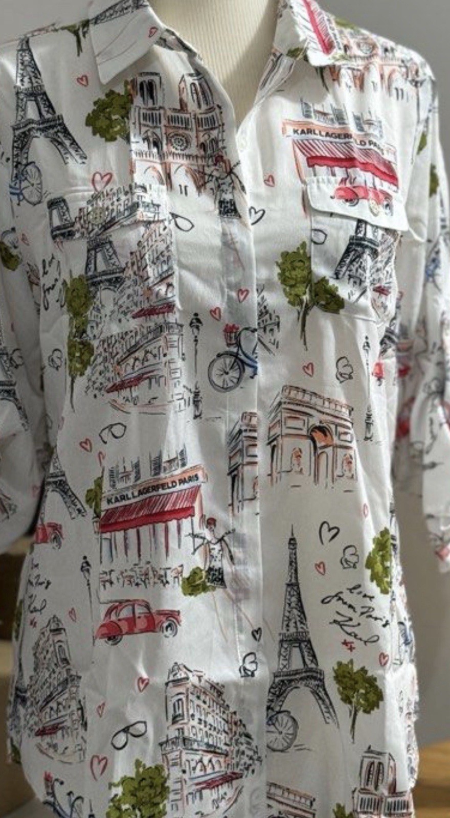 KARL LAGERFELD PARIS Women’s Button-Up Shirt Collared Paris Print White M
