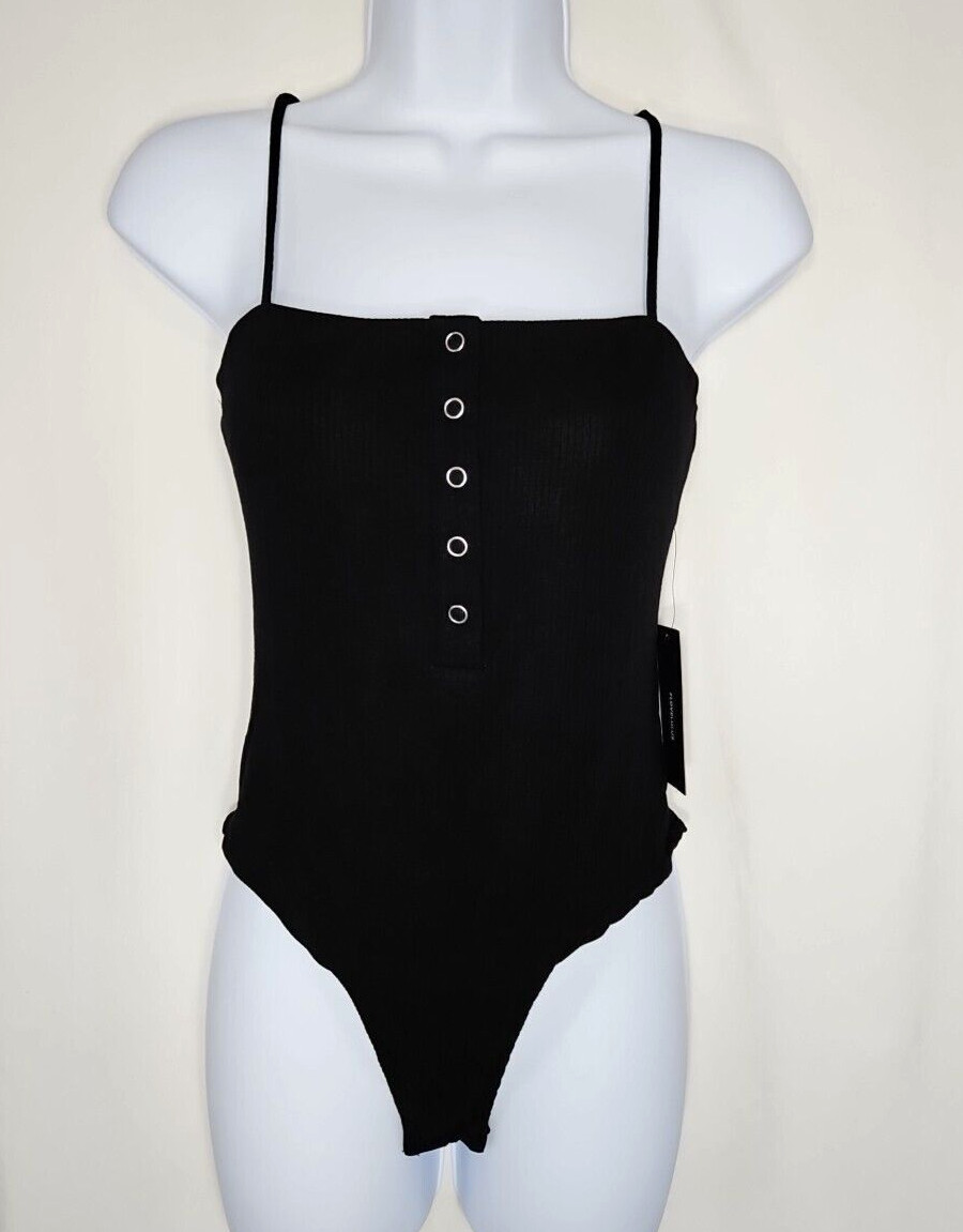 Lulus Women’s Black Spaghetti Strap Tank Top Style Thong Bodysuit Size Medium