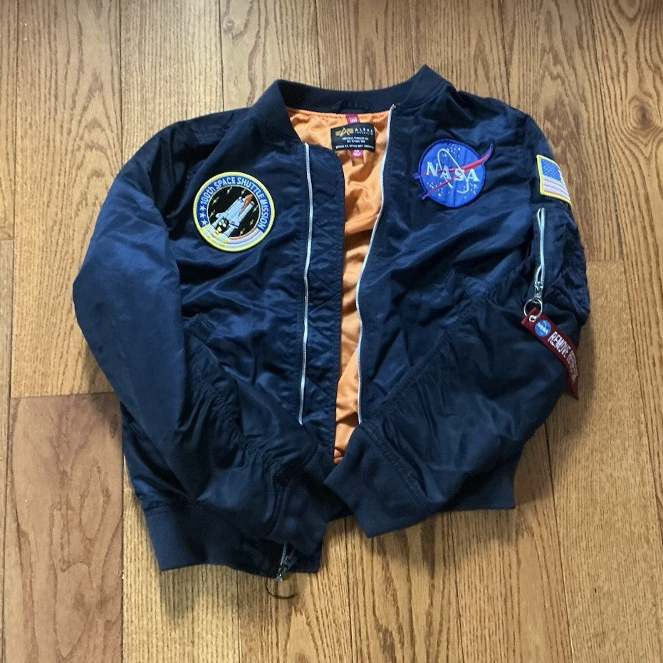 Alpha Industries Men’s Black NASA Bomber Jacket Size S Full Zip Orange Lining