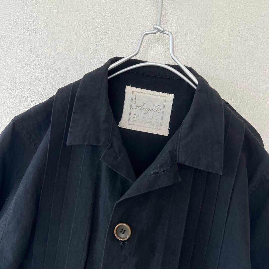 ICHI Antiquites Black Cotton Linen Pintuck Long Coat Women Free Auth