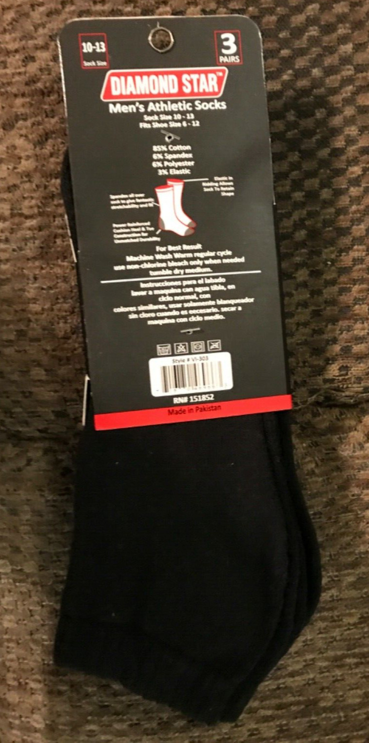 Three Diamond Star Socks Black Athletic 10-13 cotton spandex shoe Sz 6-12