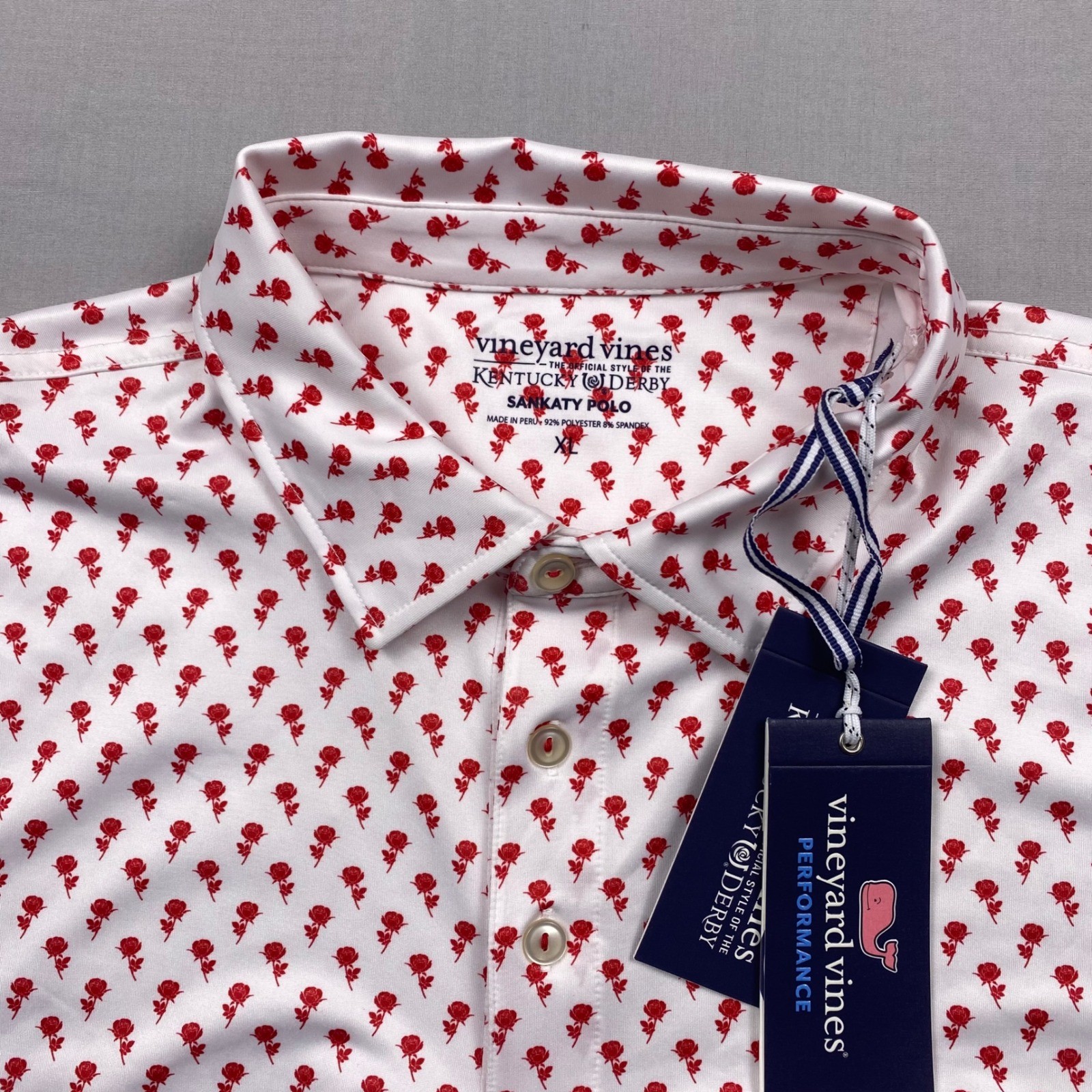 Vineyard Vines Sankaty Kentucky Derby Rose Micro Polo Mens XL White Performance