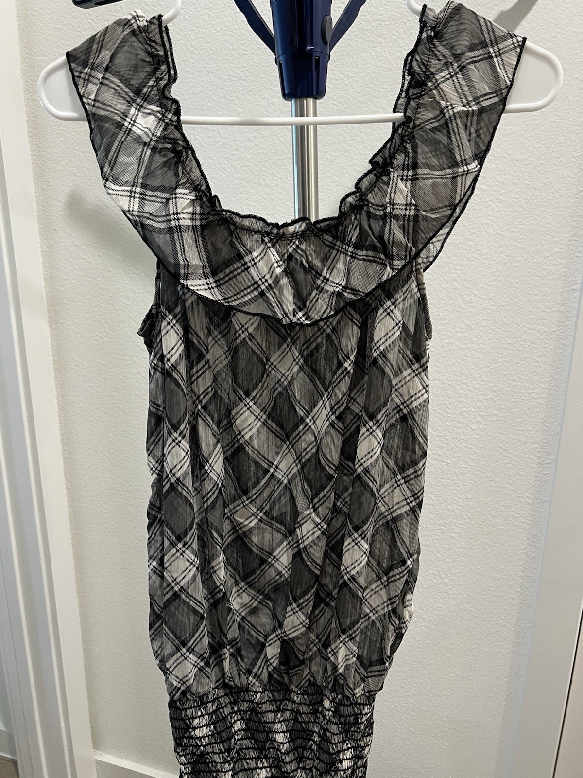 NWT Black White Plaid Blouse Sheer Chiffon Smocked Ruffle Top M
