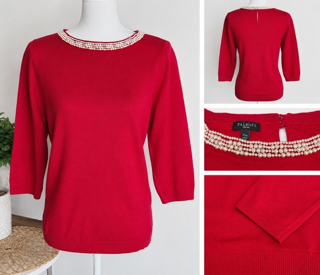 Talbots Petites XL Petites Sweater Faux Pearl Embellished Neckline Holiday Top