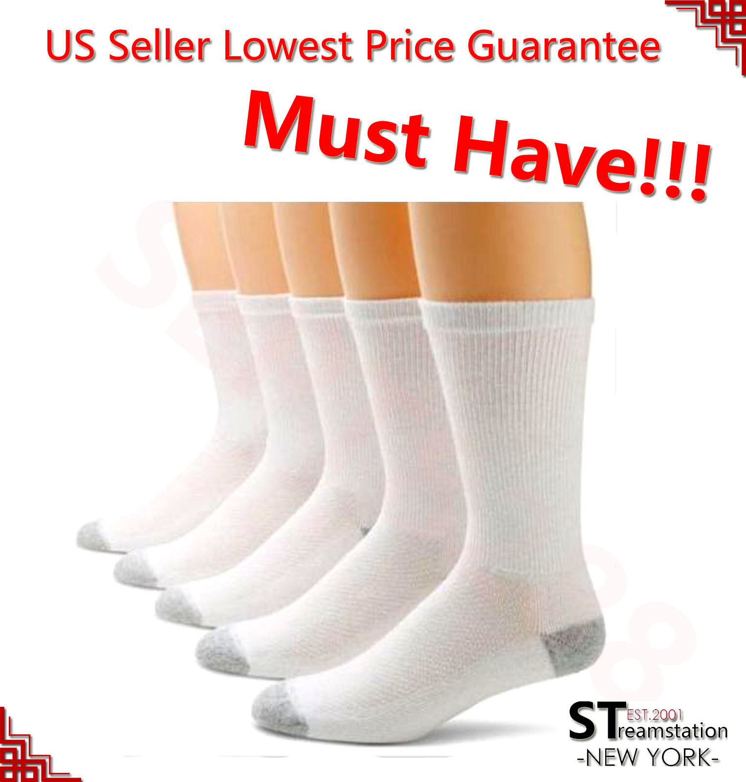 3,6,12 Pairs CREW Mens Solid Sports Socks Cotton 9-11 10-13 White LOT USA LONG