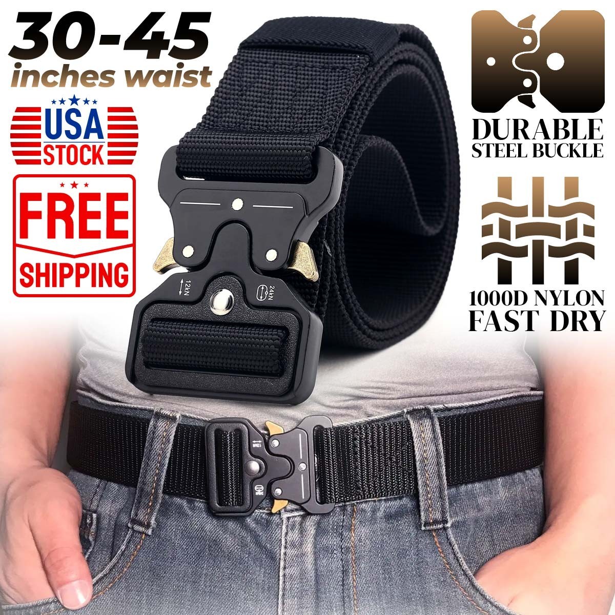 Men Heavy Duty Tactical Belt 1000D Nylon Work Waist Belt 30-45 Inches Black