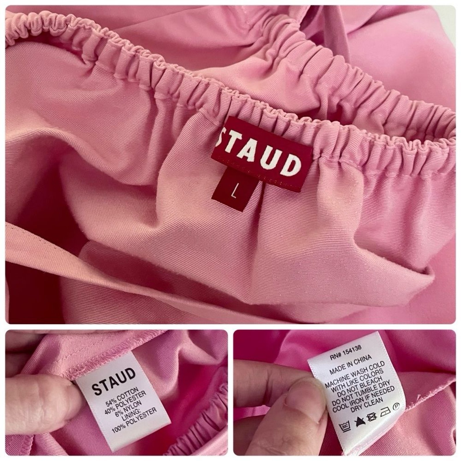 STAUD $225 Lg Marie Backless Short Puff Sleeve Cotton Poplin Peplum Top in Pink