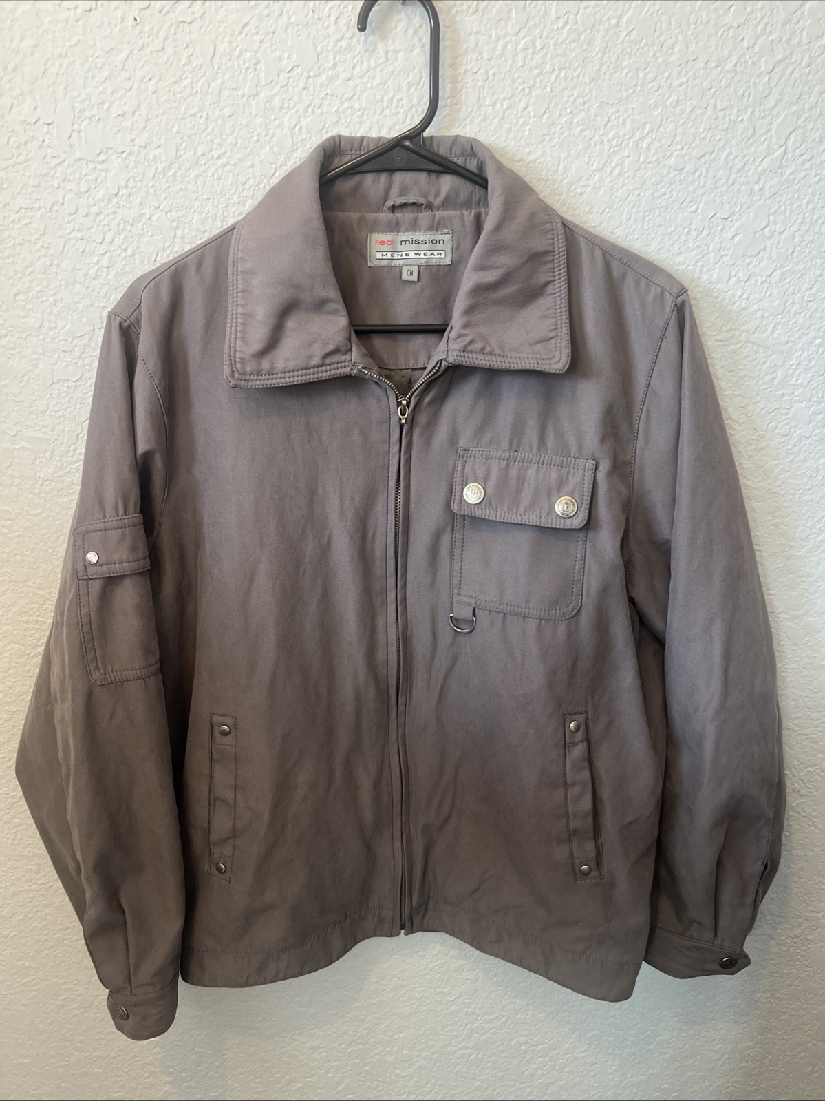 Vintage Red Mission Mens Wear Gray Jacket Thermal Soft Shel Button Error RARE #Y
