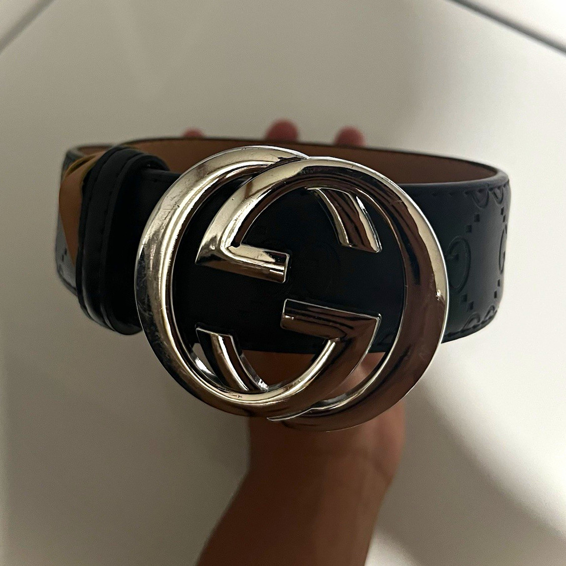 Gucci Black GG Logo Belt Double G Buckle Adjustable Mens