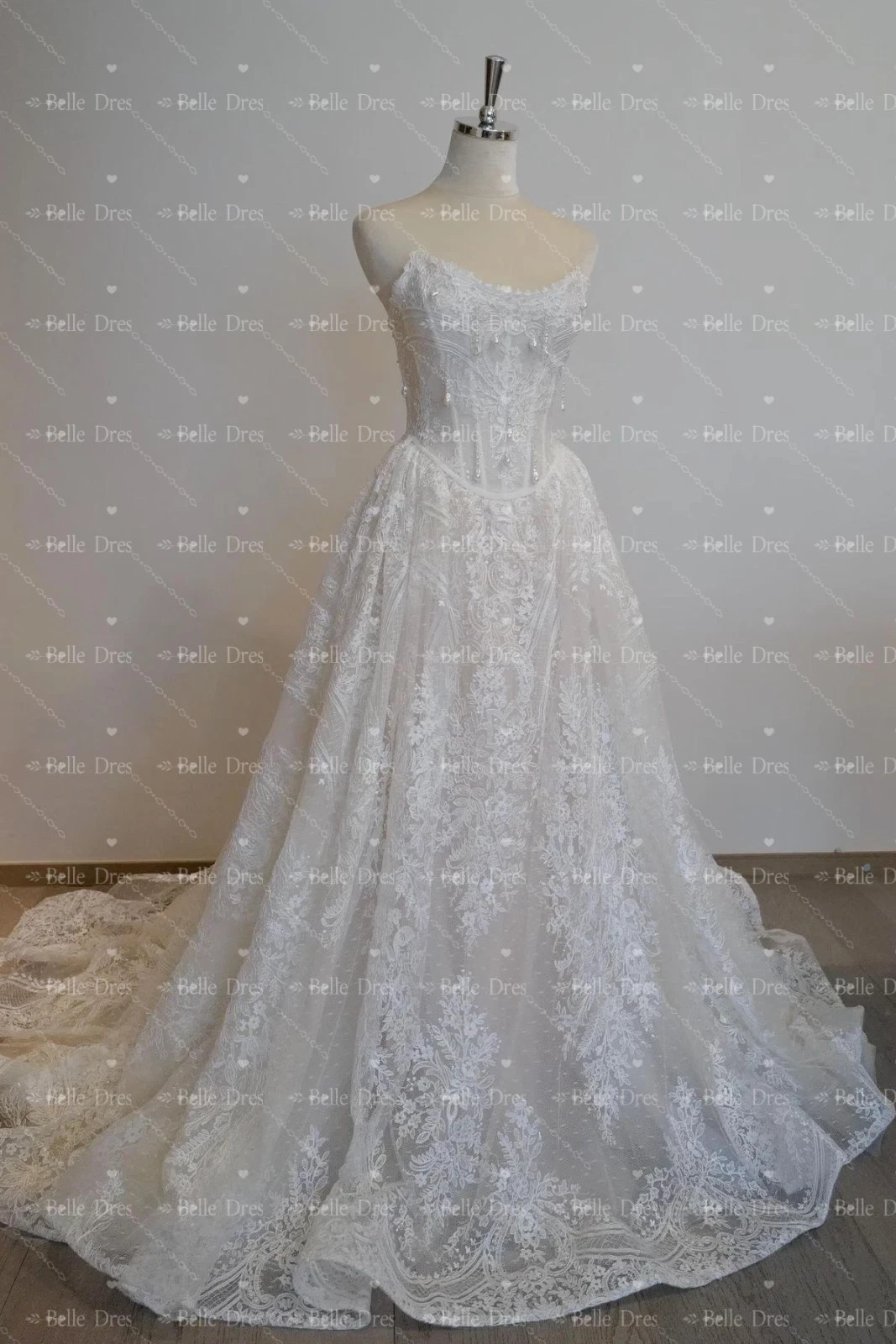 Wedding Dresses with Sweep Train Beaded Strapless Sleeveless A-Line Bridal Gown