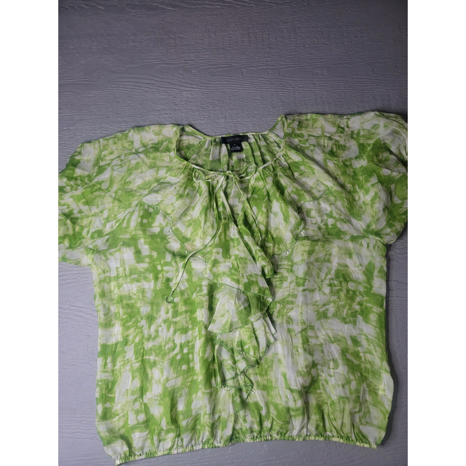 Karen Kane Green 100% Silk Ruffle Tie Dye Blouse XL Bead Accent Flutter Sleeve