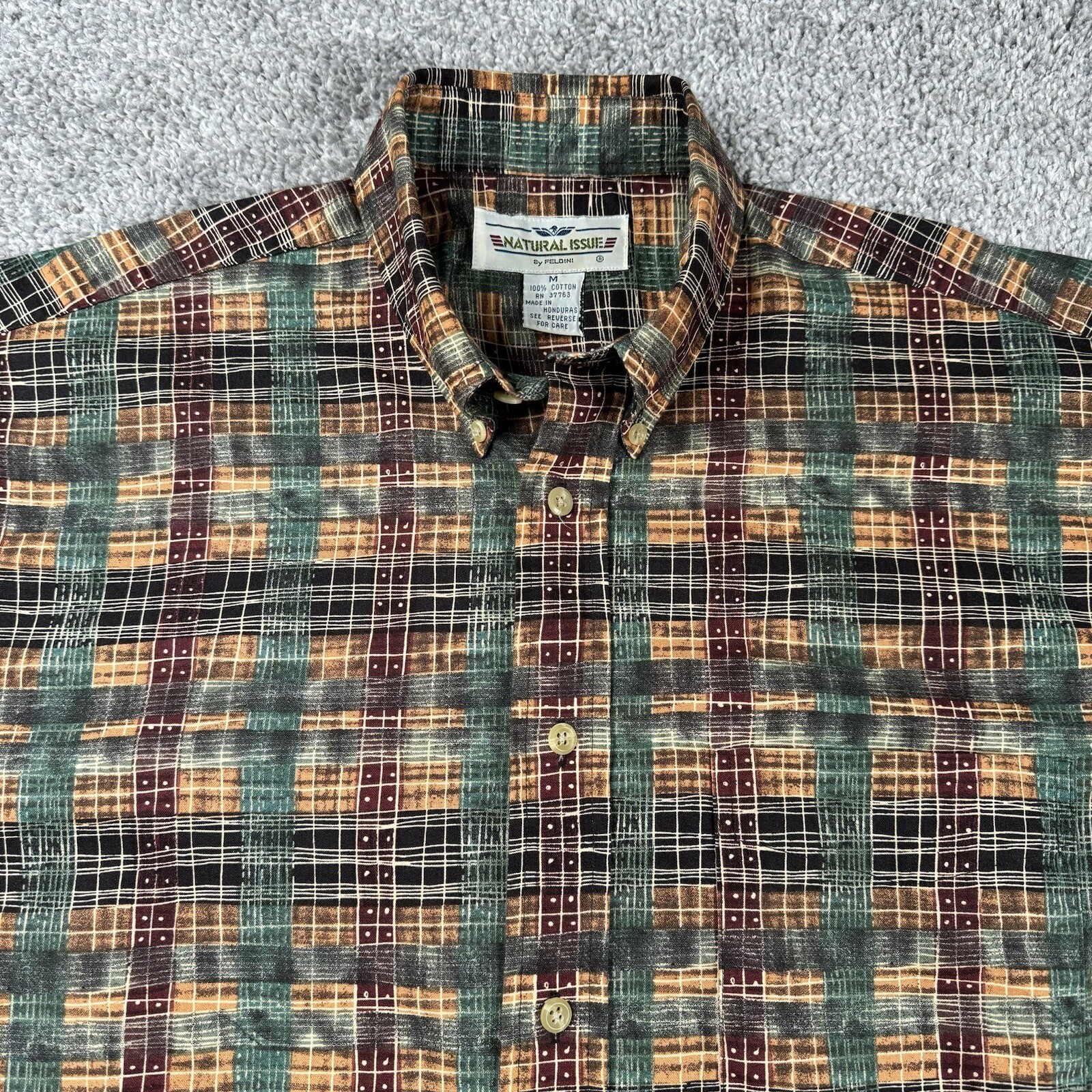 Natural Issue Button Shirt Men’s Med Short-Slv Green Black Orange Abstract Plaid