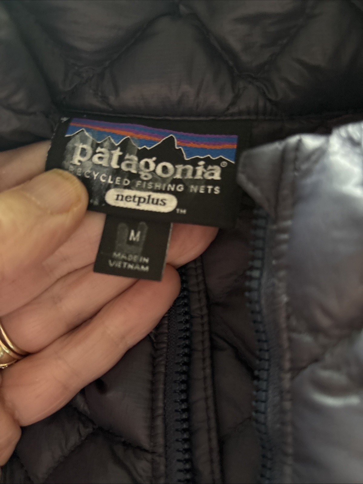 Patagonia Jacket Womens M Navy Puffer Quilted Netplus Goose Down Full Zip READ