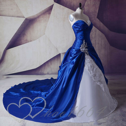 Royal Blue White Satin Ball Gown Wedding Dresses Lace Applique Long Train