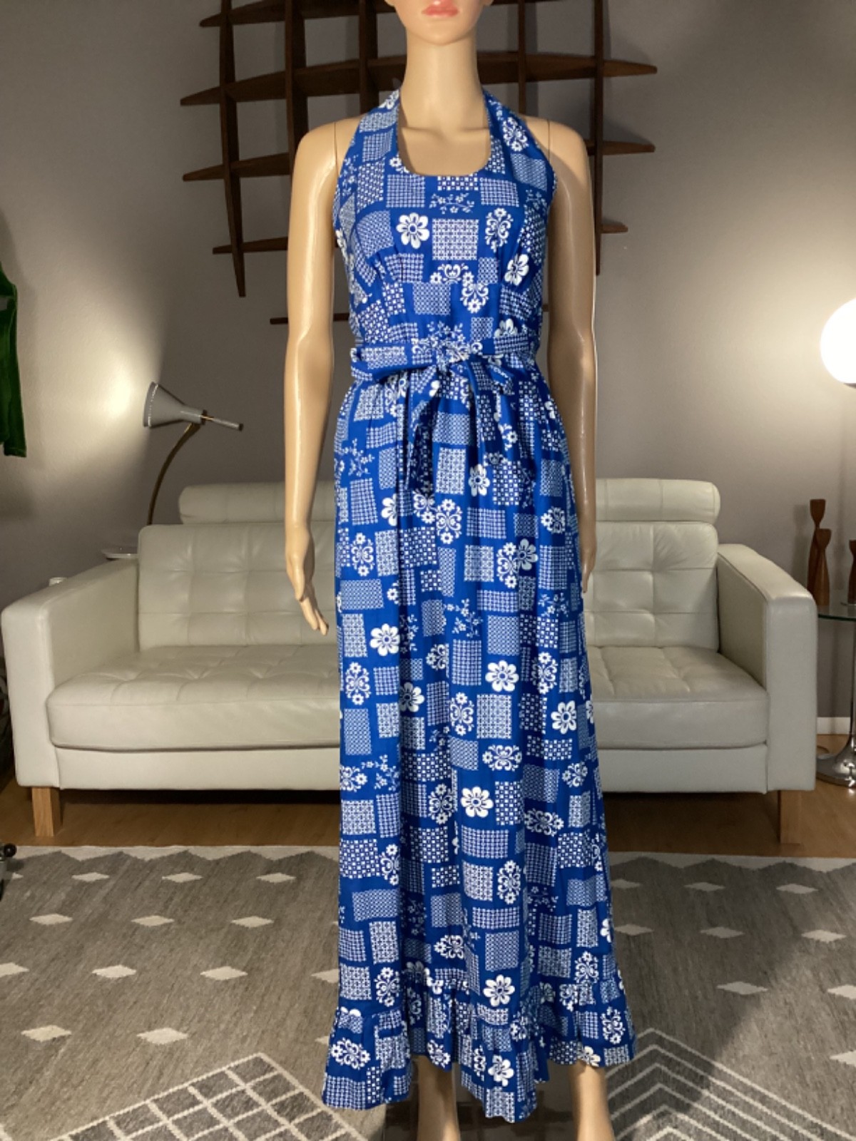 Vintage 70’s Apron Pinafore Maxi Halter Top Wrap Dress Hippie Boho Ruffles