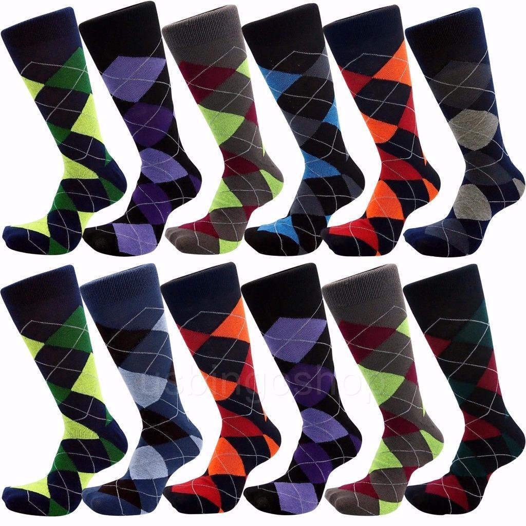 12 Pairs New Cotton Men Argyle Diamond Style Dress Socks Size 10-13 Multi Color