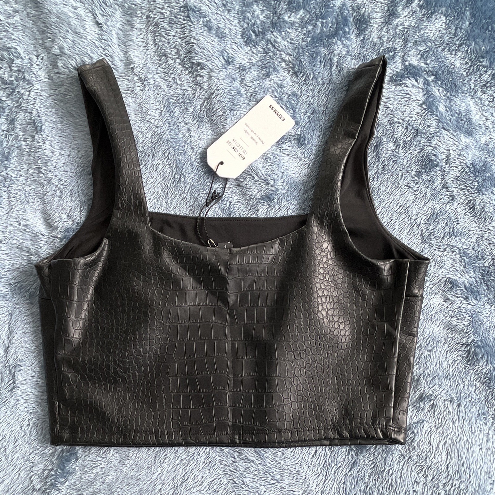 Express Body Contour Black Croc Embossed Faux Leather Crop Top S Square Neck