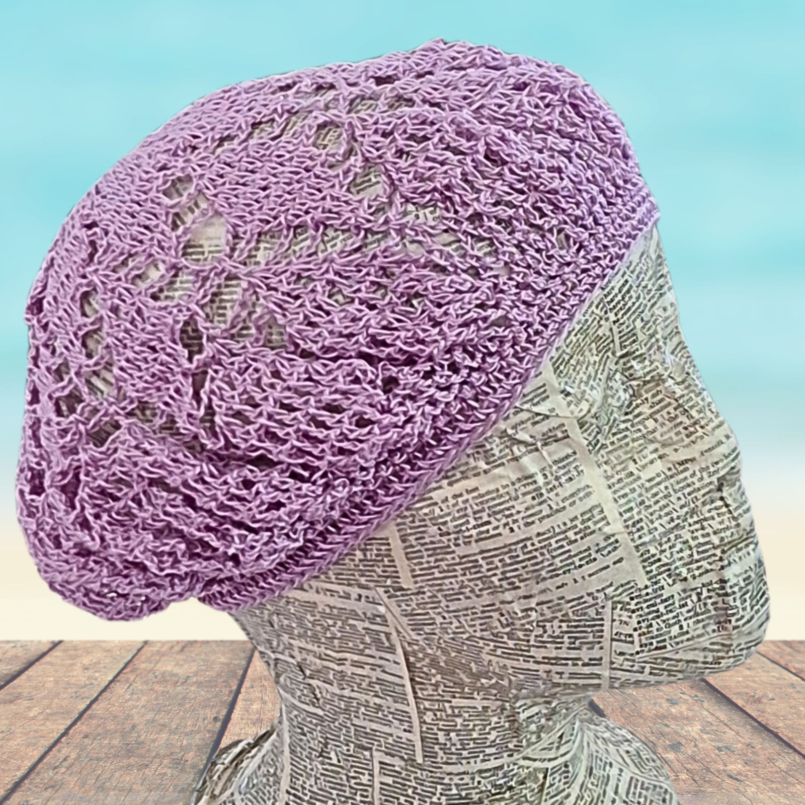 Crochet Lace “Boho” Hat – Light Purple Cotton- Adult One Size