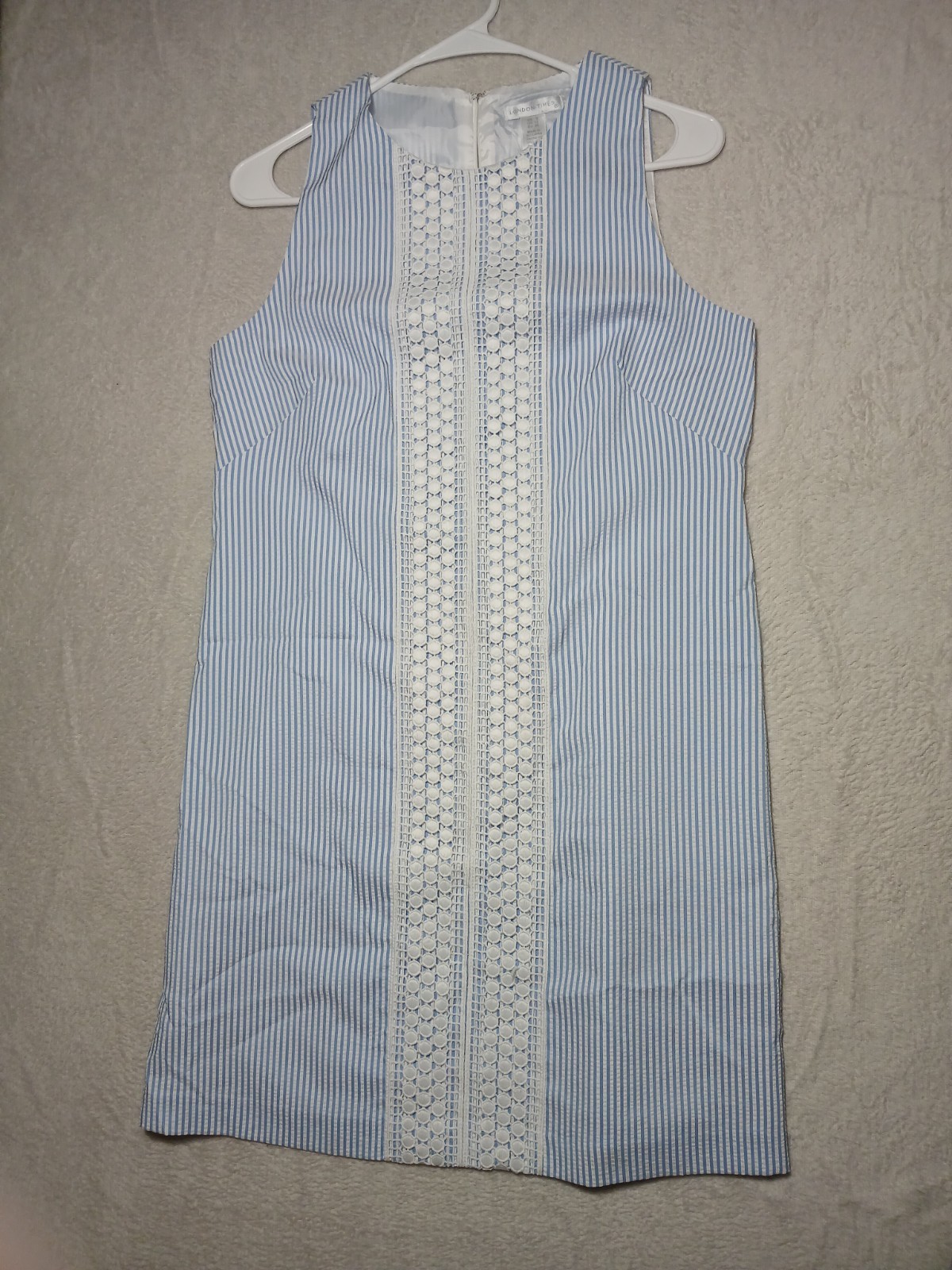 London Times Blue White Striped Lace Sleeveless Shift Dress, Size 8